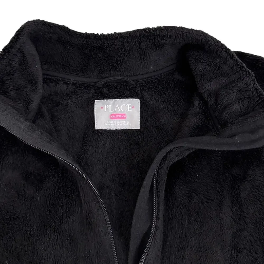 The Children's Place Black Fleece Zip Up Faux Fur Sweatshirt Size Youth 16